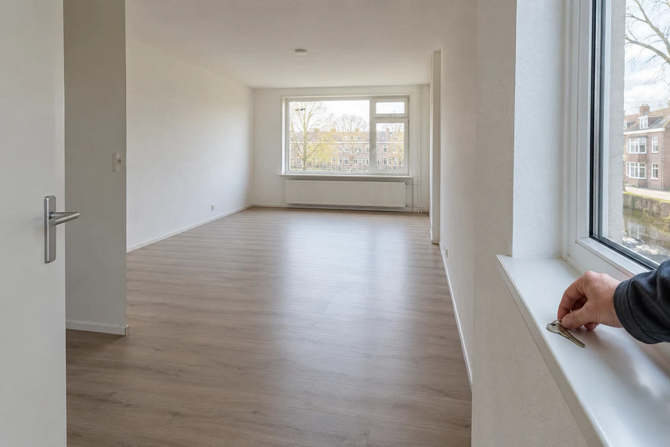 Een lege kamer met een schone vloer en daglicht.